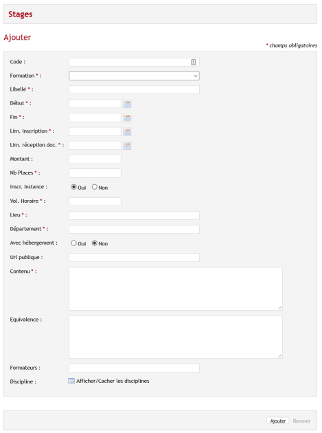 Formulaire de création de stage